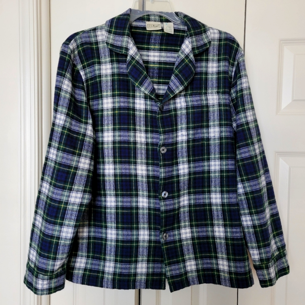 L.L. Bean Pajama Top Shirt Flannel Mens M Green Blue Sleepwear Buttoned Soft